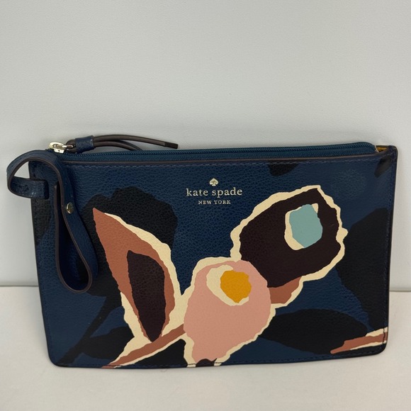 Kate Spade New York Handbags - Kate Spade New York Navy Blue Floral Leather Wristlet Pouch Zip Clutch Bag